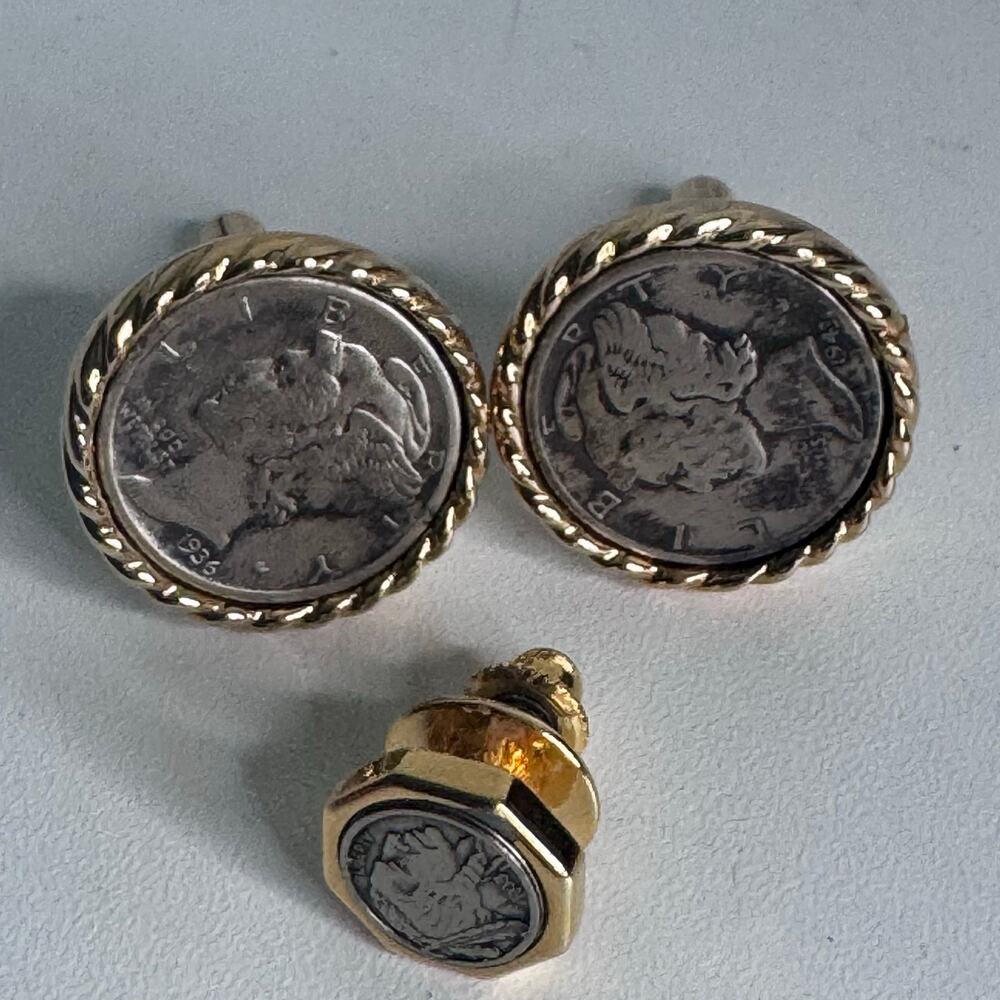 Vintage Pair Of Silver Mercury Dime Cuff Links 1936 & 1943 in Gold w/ Tie Clip